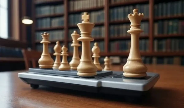 Imagen de una bascula con piezas de ajedrez que representa el material relativo